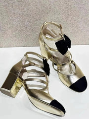 Block Heels Sandals Gold Metallic Effect Rhinestone Pearl Decor T-Tied Bow Sweet Patchwork Design Shoes Hollow