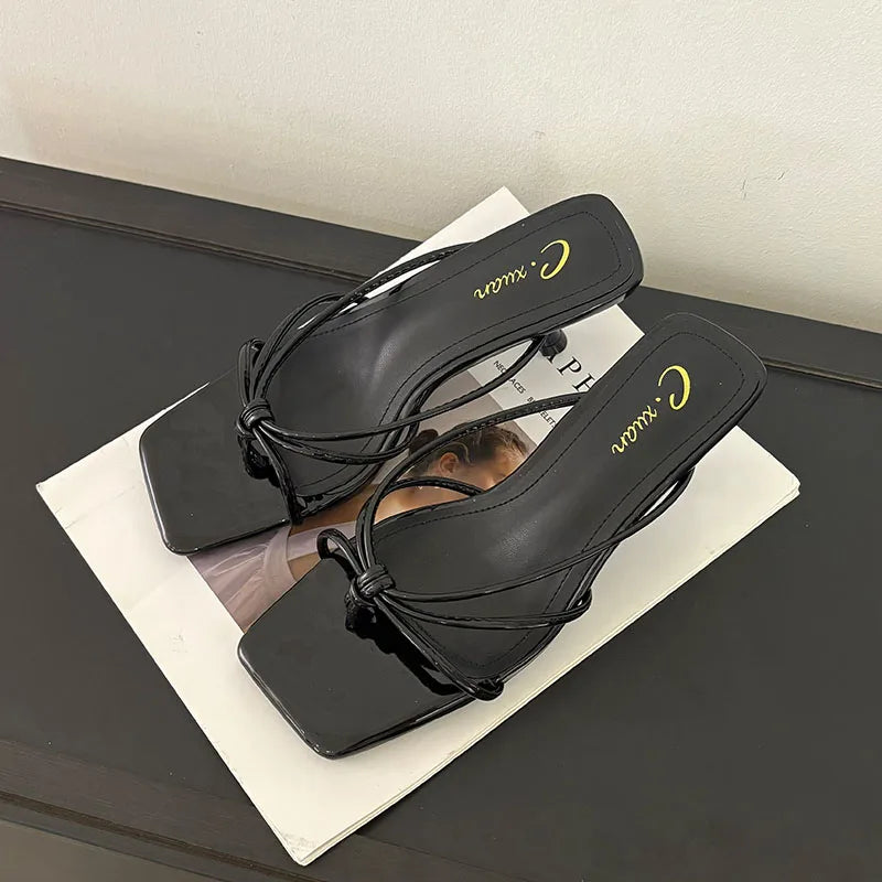 Shallow Thin Heel Slippers Slides Square Toe Medium Heel Sandals Shoes Flip flops Pumps
