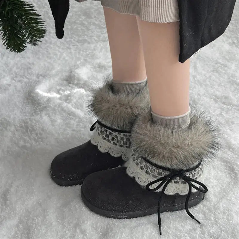 Sweet Lace Decoration Furry Suede Snow Boots Thick Bottom Fluffy Fur Ankle Boots Warm Plush Shoes