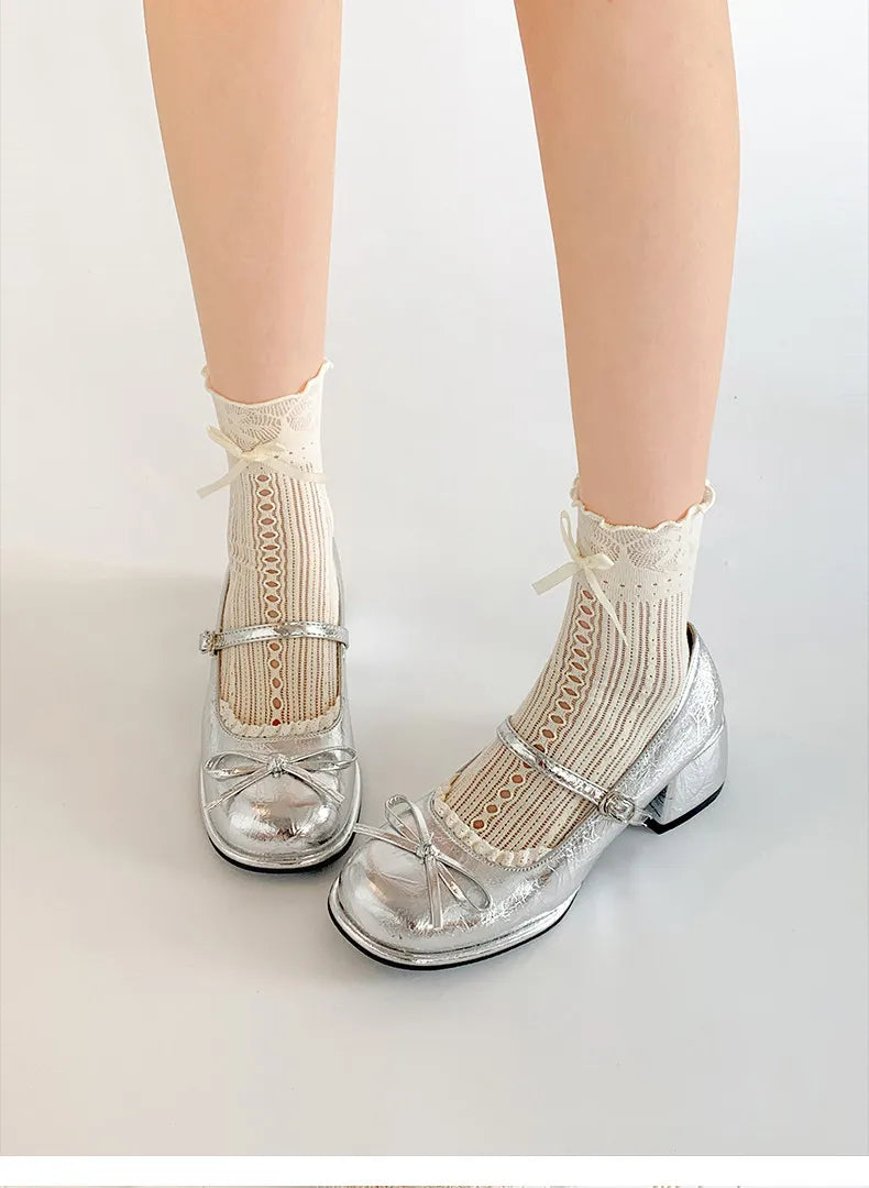 Thick Heel Mary Jane Shoes Concise Butterfly-knot Single Shoes Elegant Dress Leather Pumps