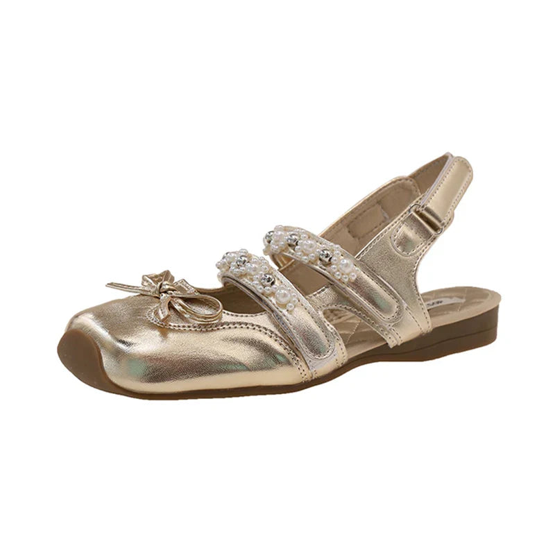 Pearl Bow Mary Jane Leather Shoes Flats Sandals Square Toe Slippers Lolita Mujer Zapatillas
