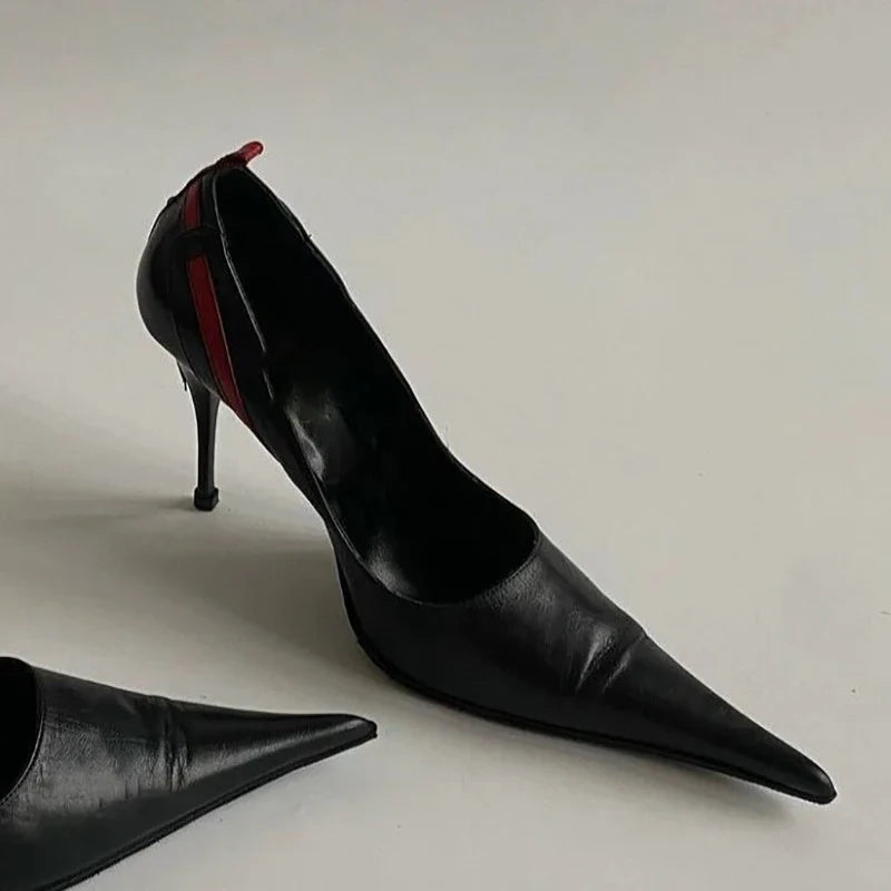 Pointed Toe Stiletto Rivet Decoration Shoes Black and Red Rome Shoes Slip-on Hand-made