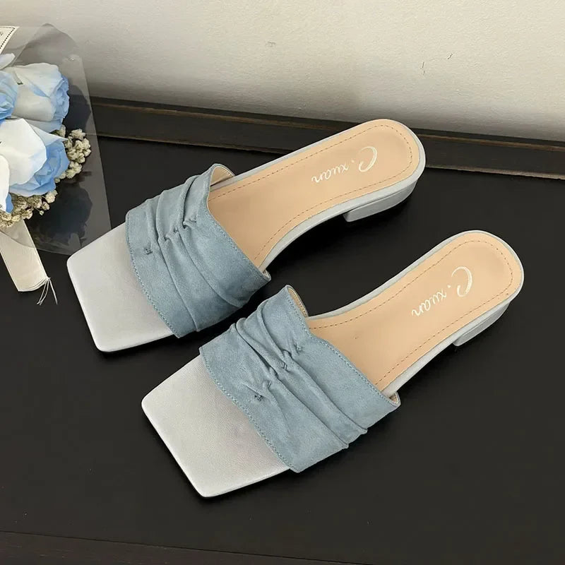 Square Toe Slippers Low Heel Casual Slides Comfort Non-slip Sandals Flats Beach Shoes