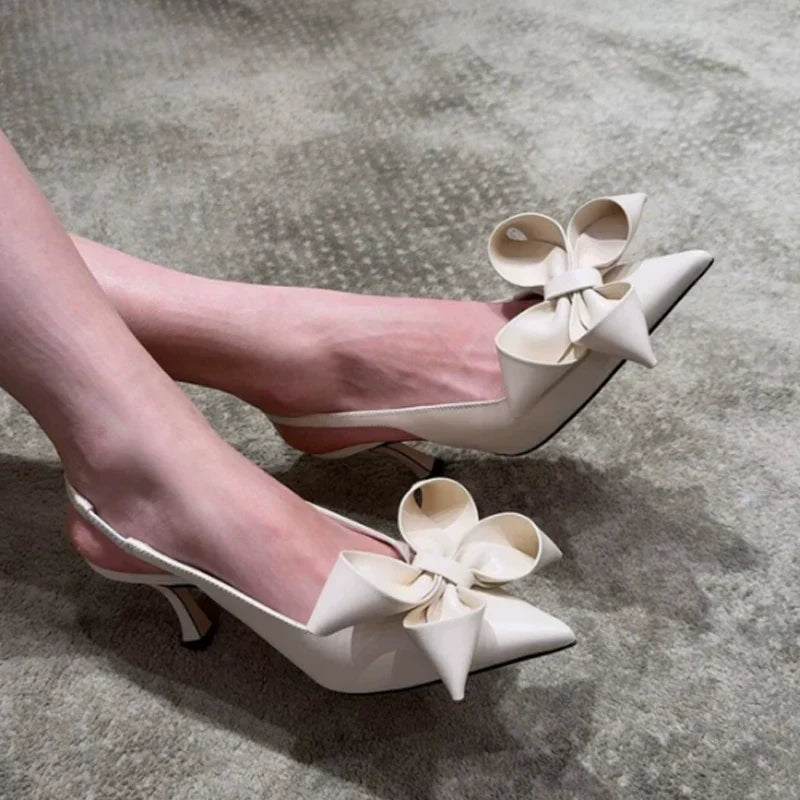 Bow Flower Pointed Toe Slip-On Stiletto Sandals Woman White Slingback Rear Strap High Heel