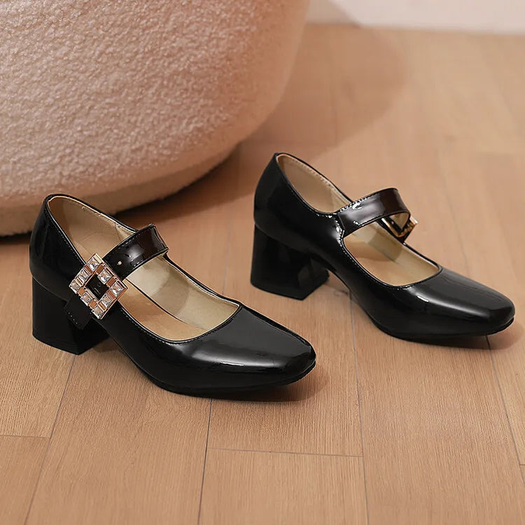 Plus Size 48 Patent Leather Mary Jane Shoes Sparkly Crystal Rhinestone Burgundy White Block Heel Pumps Party Shoe
