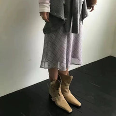 Genuine Leather Butterfly Knot Wrapped Strap Short Ankle Boots Polished Color Distressed Flat Bottomed Bare Shoes