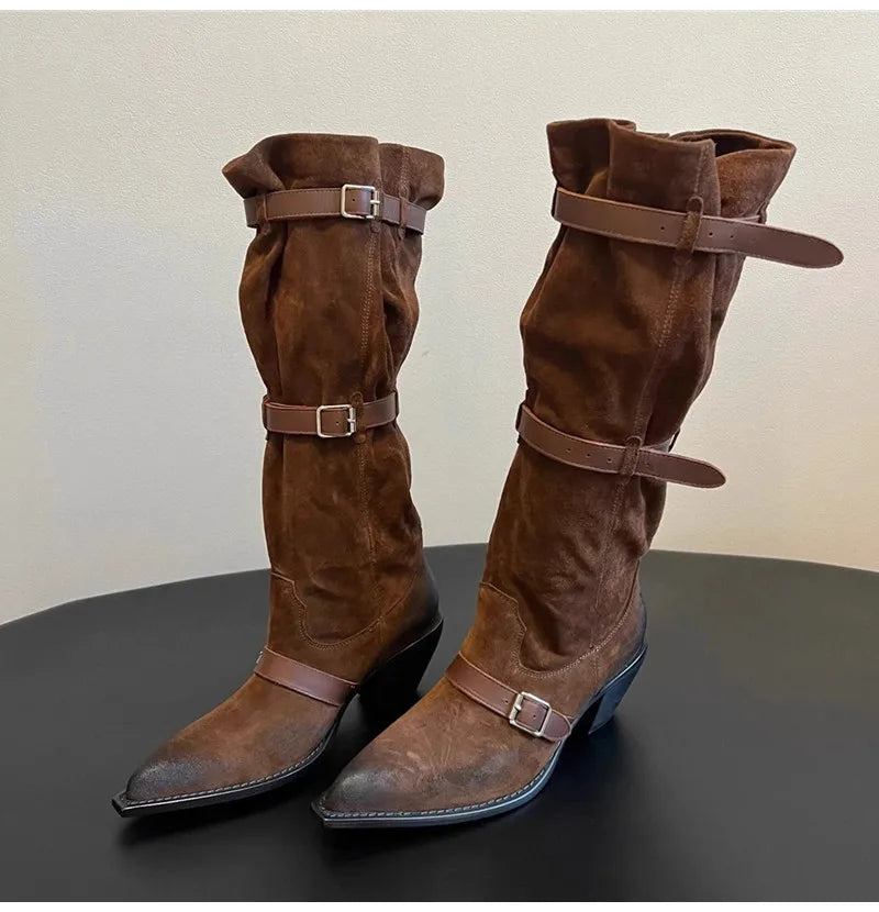 Vintage Pleated Belt Buckle Faux Suede Knee High Boots High heels Western Cowboy Knight Boots Shoes