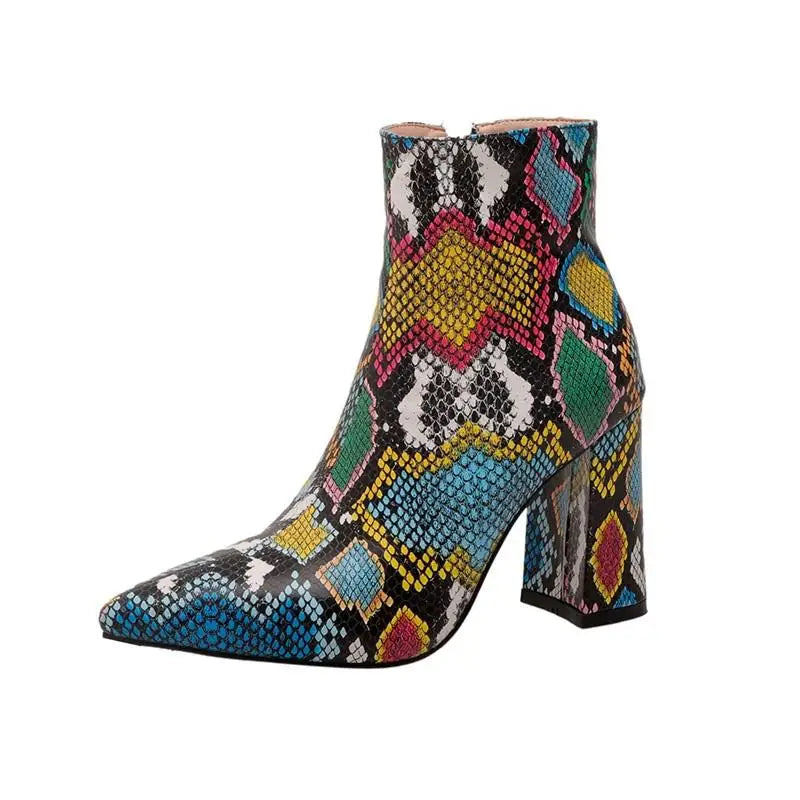 Snake Print Pu Leather Ankle Boots Zip Pointed Toe Footwear Block High Heels Boot Party Shoes 43
