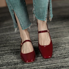 Buckle Mary Janes Shoes Patent Leather High Heels Pumps Retro Shoe Black Red