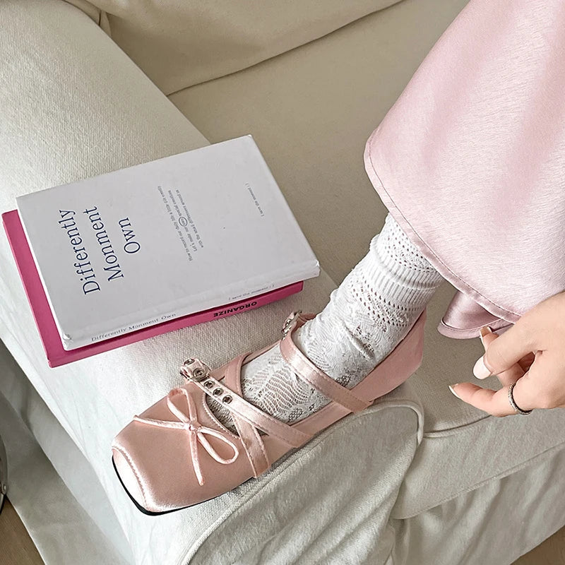 Butterfly-knot Flat Mary Jane Comfort Soft Sole Elegnat Square Toe Dress Ballets Shoes