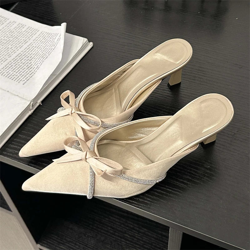 Crystal Butterfly-knot Woman Pumps Design Style Low Heels Pointed Toe Shallow Shoes Slides Mules Slippers