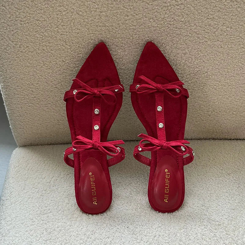 Footwear Pointed Toe Wedges Slippers Slides Butterfly-Knot Heeled Sandals