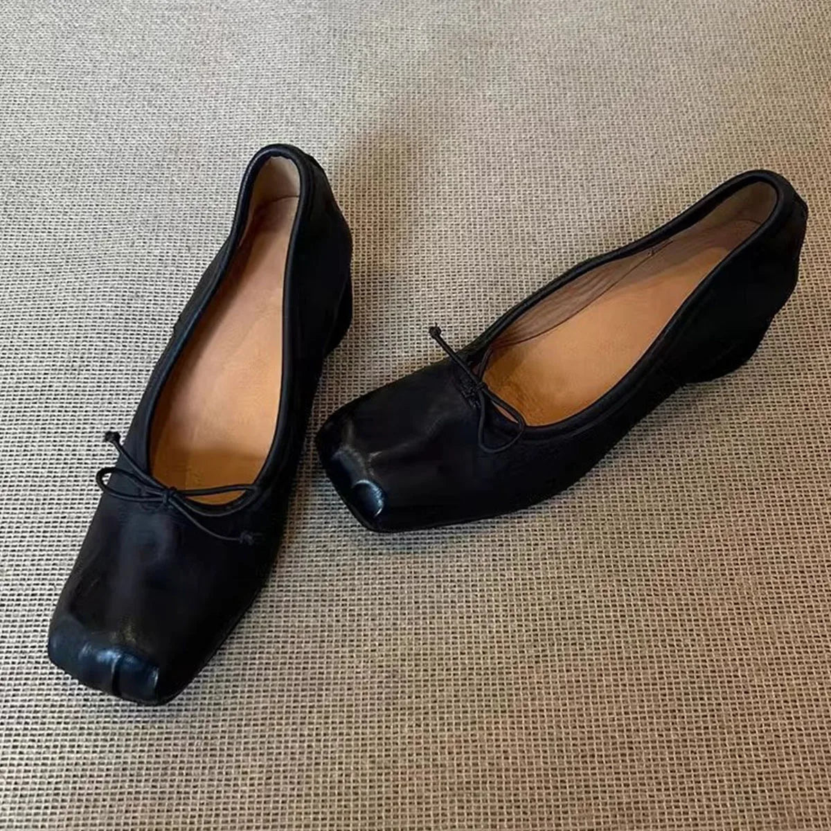Square Toe wrinkled Mary Jane Shoes Soft Leather Round Heel Ballerina Shoes