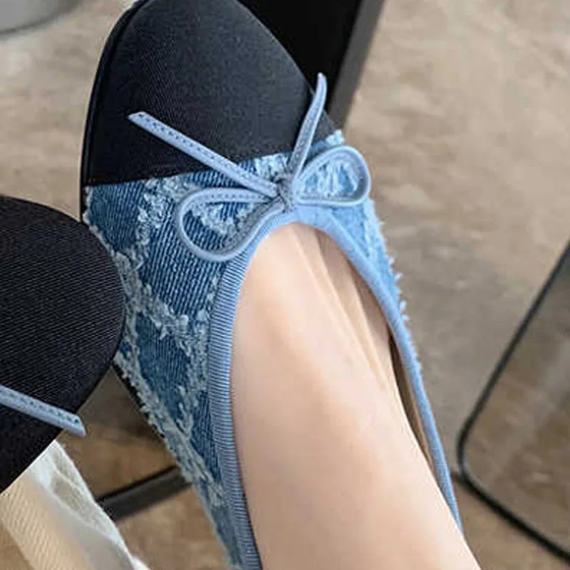 Blue jeans bow flat shoes woman round toe cloth patchwork flats plaid sewing moccasins denim loafers