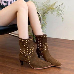 Street Style Pointed Toe Ankle Boots Slip On Square Heels Shoes Modern Short Booties