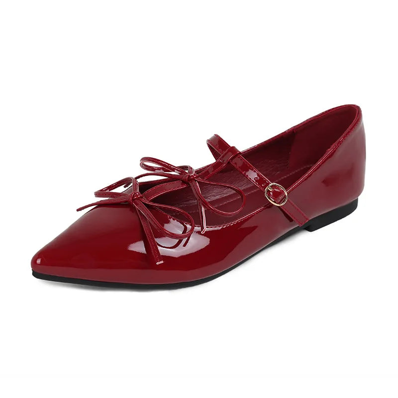 T-strap flats double bowtie ankle strap party shoes woman pointed toe cutout mary janes japanned leather loafers