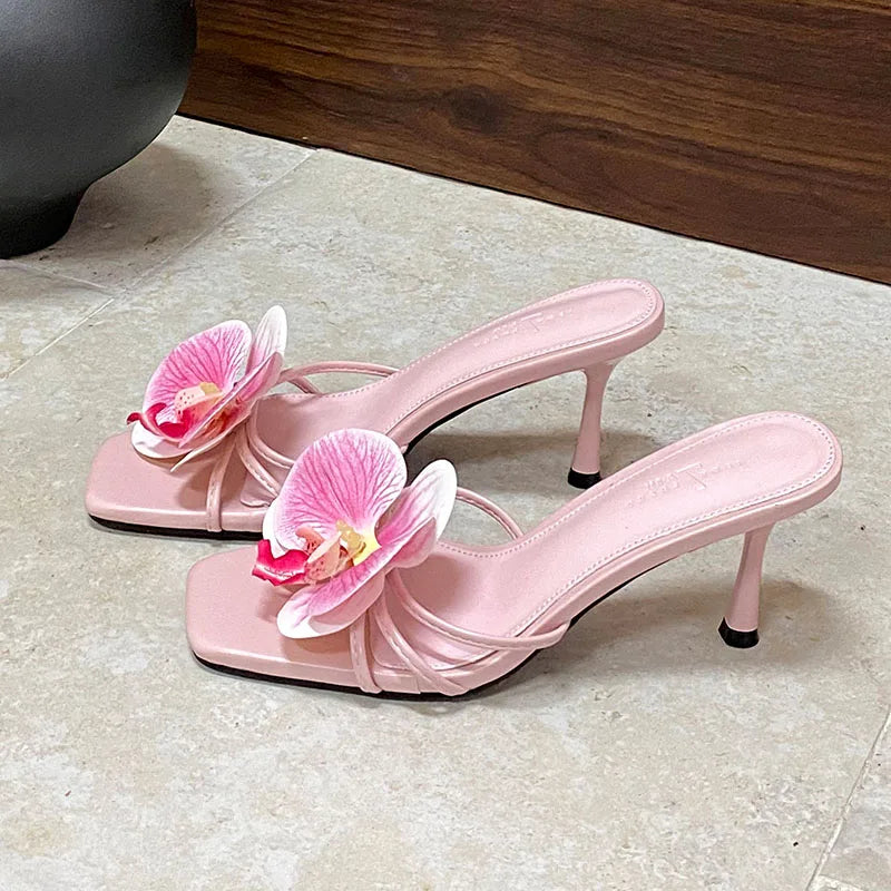 Slip Square Toe High Heels Pumps Slides Shoes Flower Thin Heels Shoes 2025
