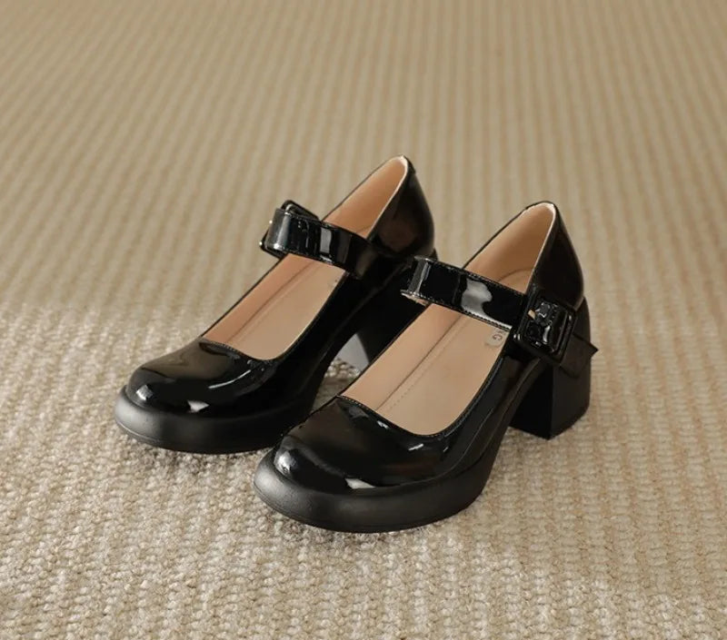 High Heels Word Belt Mary Jane Single Shoes Thick Heel Light Mouth Buckle High Heel Leather Shoes