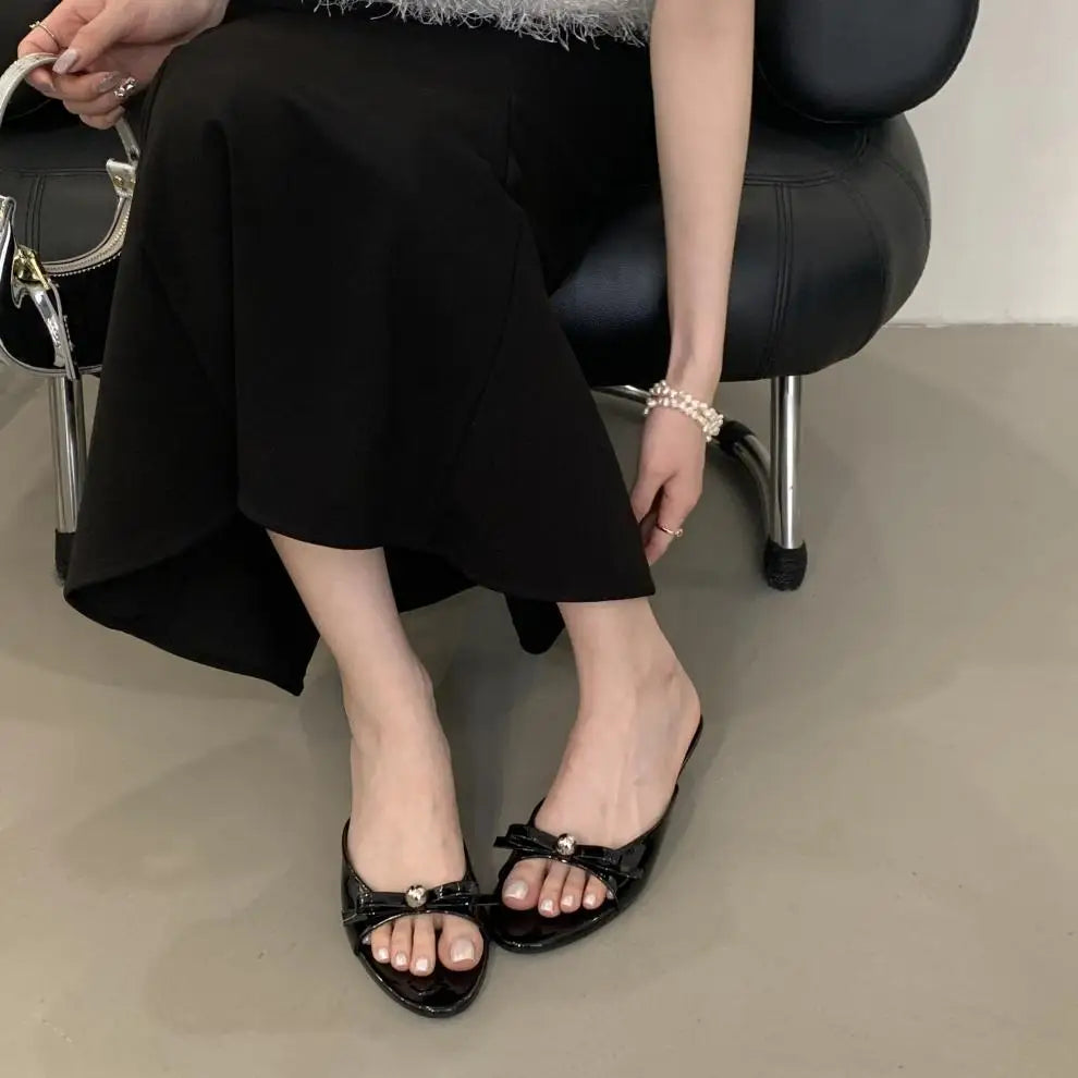 String Bead High-Heeled Shoes Ladys Slippers Outdoor Slides Pantofle Butterfly-Knot Low Rubber Flip Flops Hawaiian PU