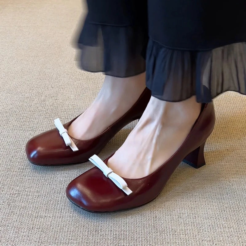 Retro Bowknot High Heeled Mary Jane Shallow Comfort Round Toe Elegant Office Shoes Talons Femme
