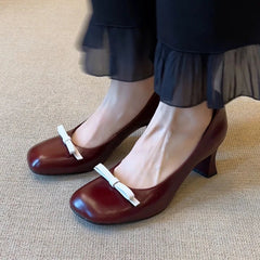 Retro Bowknot High Heeled Mary Jane Shallow Comfort Round Toe Elegant Office Shoes Talons Femme
