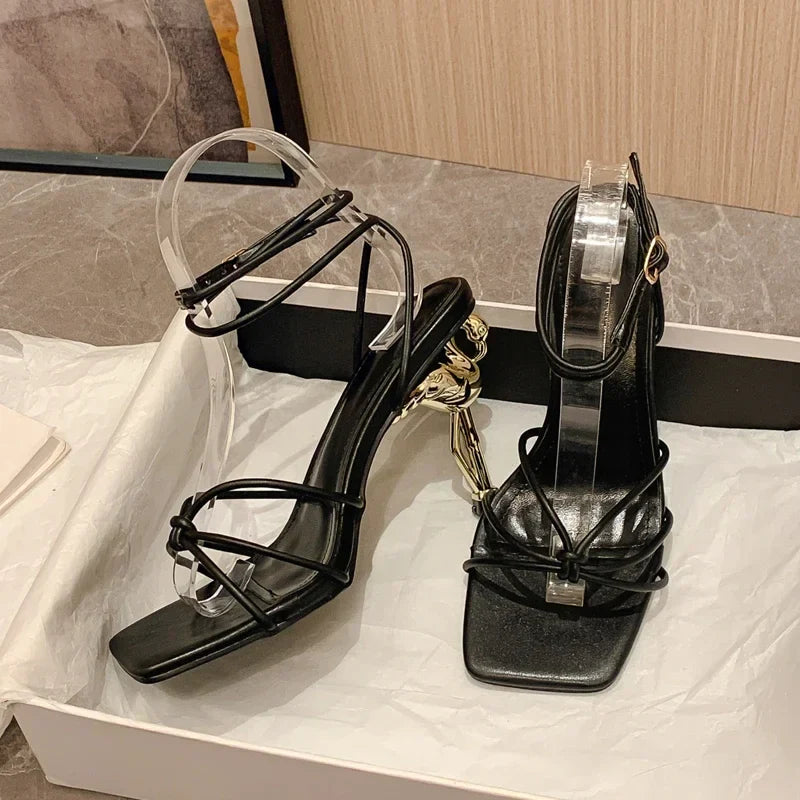 Square Toe Narrow Band Sandals Ankle Buckle Strap High Heels Party Sandalias Mujer