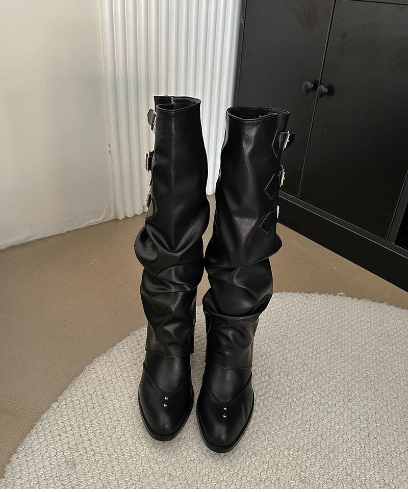 Vintage Belt Buckle Knee High Boots Removable Shoes Elegant Thick Heel Knight Long Booties