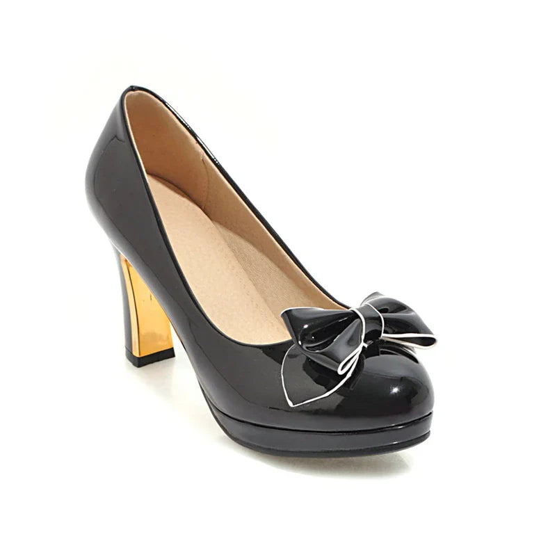 Round Toe Platform Thick High Heels Bow Shallow Wedding Shoes Black Beige 43