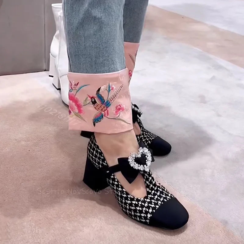 T Straps Mary Janes Shoes Bow with Heart Shape Rhinestone Decor Sweet Girl Pumps Block High Heels Dress Sandals