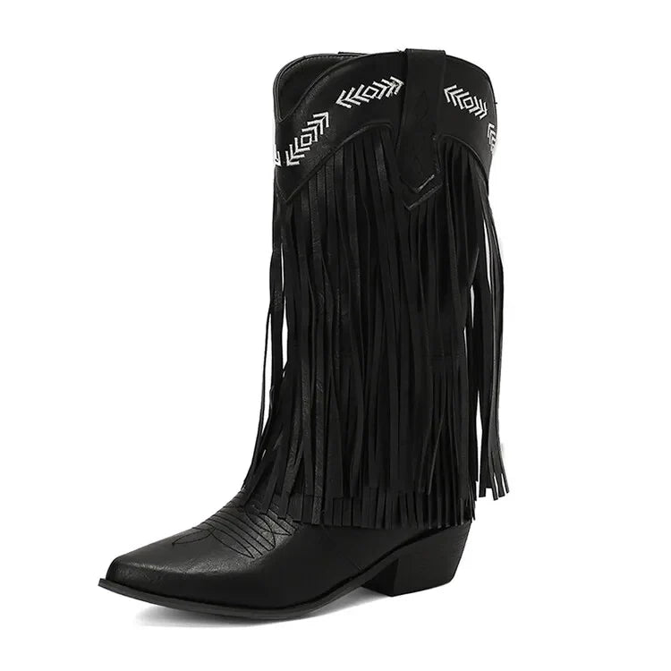 Fringe Western Boots Pink Sweet Embroidered Boots Brown Tassels Block Medium Heels Shoes Plus Size 48 Lady