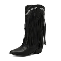 Fringe Western Boots Pink Sweet Embroidered Boots Brown Tassels Block Medium Heels Shoes Plus Size 48 Lady