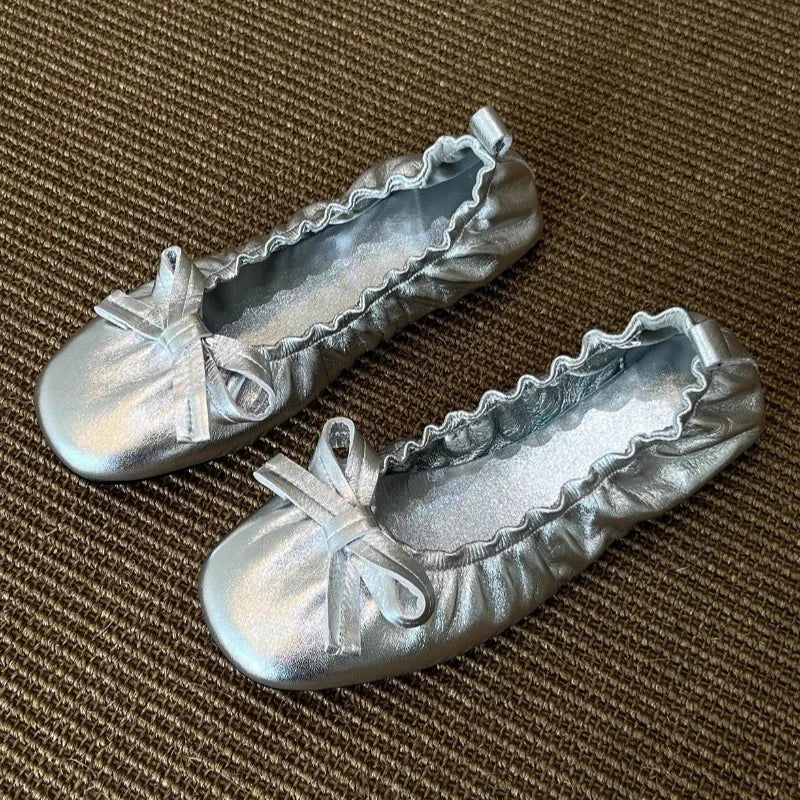 Red Bow Pleated Design Brand Ballet Flat Shoes Retro Round Toe Shallow Mary Jane Shoes Comfortable Moccasin