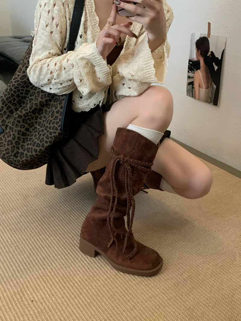 Brown Suede Boots Woman Round Toe Fall Gothic Shoes Chunky Heels Knee High Boots Western Style Shoes