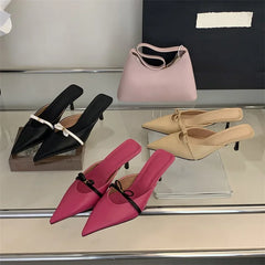 Design Style Butterfly-knot Woman Slippers Low Thin Heels Pointed Toe Shallow Mules Shoes