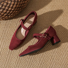 High Heeled One-word Buckle with Light Mouth Pumpss Thick Heel Small Square Head Mary Jane Shoes