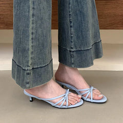 Butterfly-Knot Low Heel Slippers Shoes Round Toe Heeled Slippers