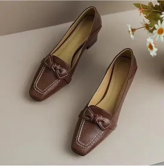 retro square toe high heels and butterfly decorative office girl mid-heeled shoes