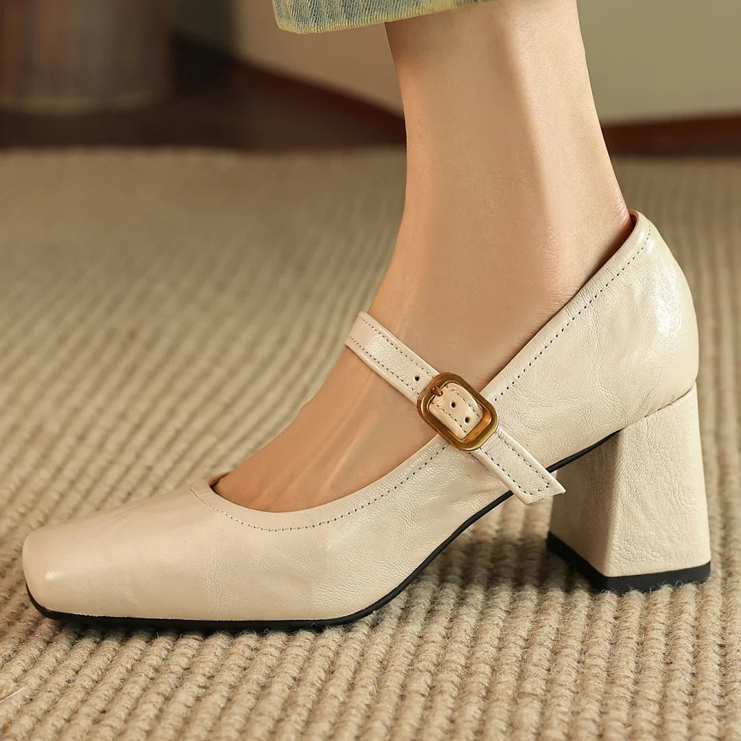 sheepskin square toe slip-on very Jane pumps 6.5cm thick high heel elegant evening dress heeled shoes