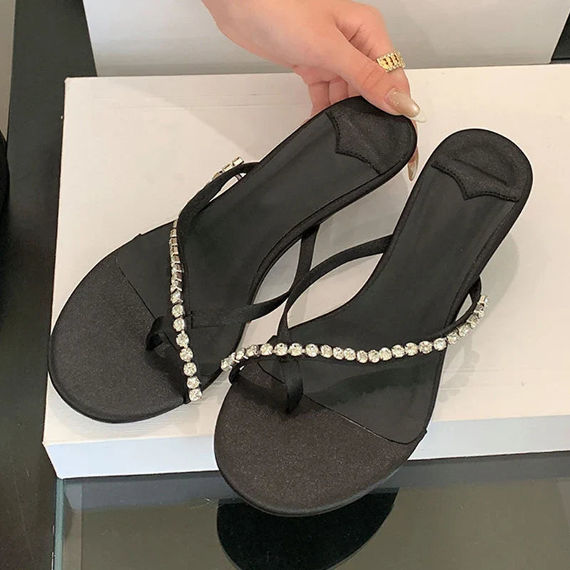 Round Toe Thin Heels Slippers Slides Flip Flops Sandals Rhinestone Pinch Narrow Band Shoes