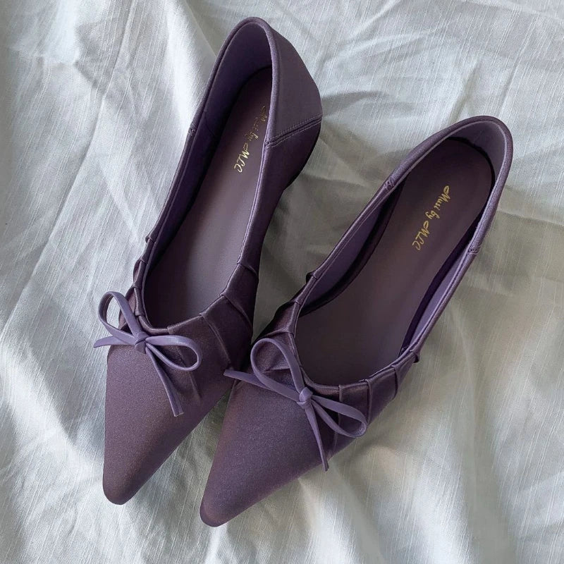 Elegant Satin Pleated Bow Flat Shoes Pointed Toe Casual Brand Design Party Comfortable Shallow