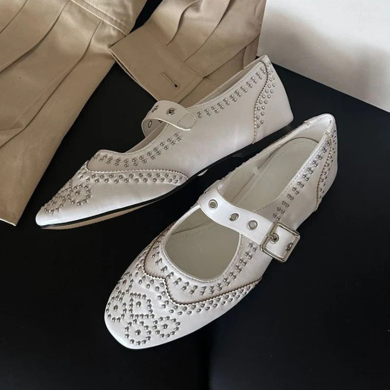 Retro Rivet Mary Jane Shoes Belt Buckle Round Toe Ballet Flats Comfortable Soft Sole Flat Shoes Zapatos De Mujer