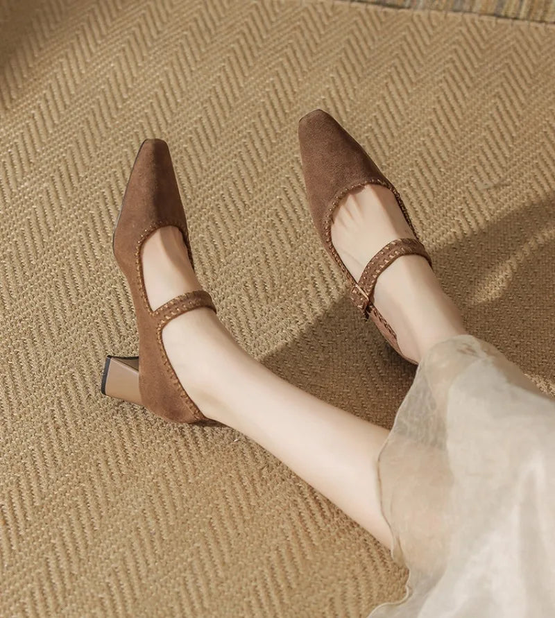 High Heeled One-word Buckle with Light Mouth Pumpss Thick Heel Small Square Head Mary Jane Shoes