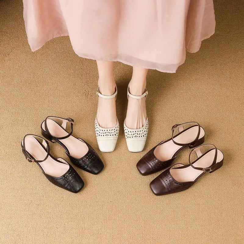 Vintage Square Toe Thick Heels 3.5cm Buckle Strap Breathable Small Size 31 32 33 Sweet Daily Shoes