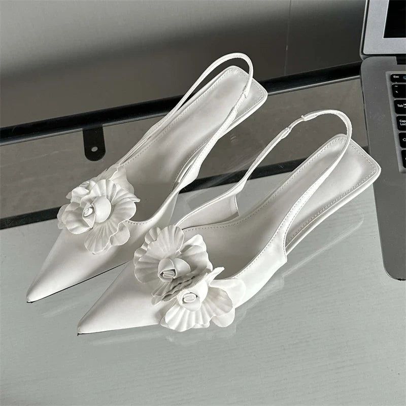 Flower Pointed Toe Thin Low Heels Elegant Wedding Slingback Shoes Mules Zapatos De Mujer