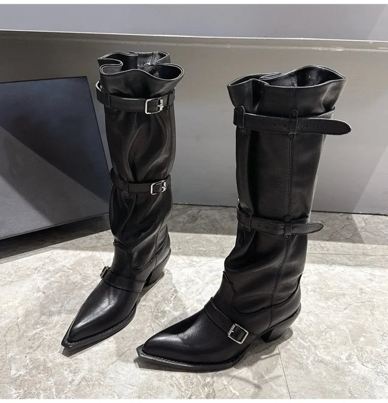 Vintage Pleated Belt Buckle Faux Suede Knee High Boots High heels Western Cowboy Knight Boots Shoes