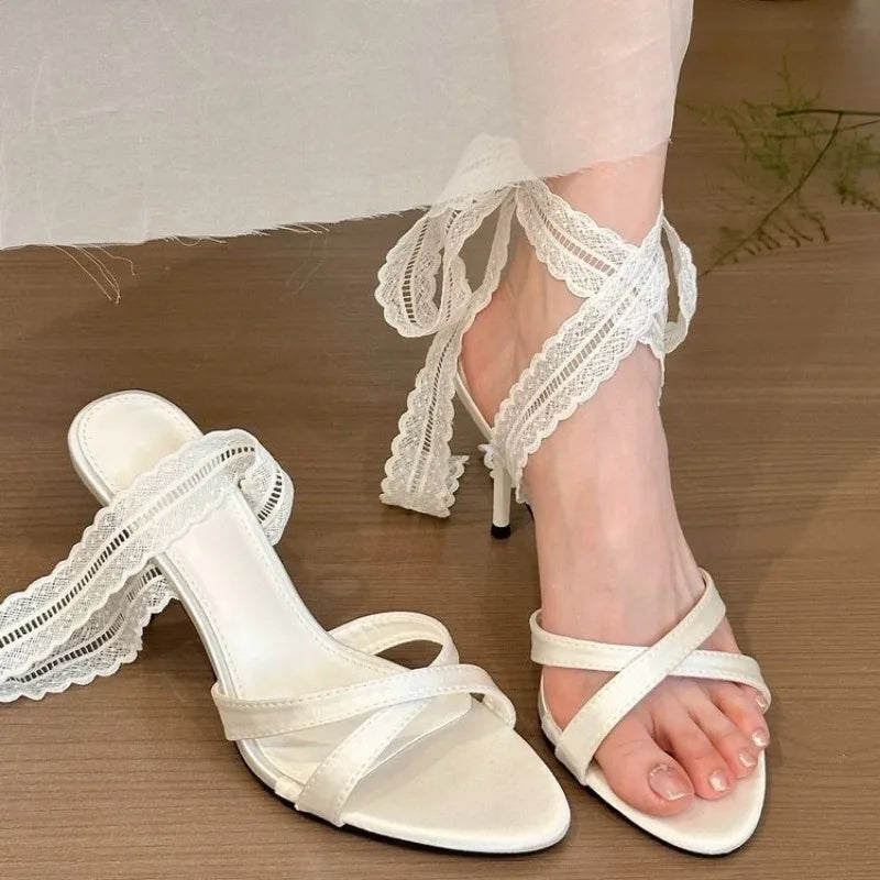 Lace Pointed Toe Heeled Sandals Stilettos Shoes Woman Slippers Slingback Dress Pumps Zapatillas