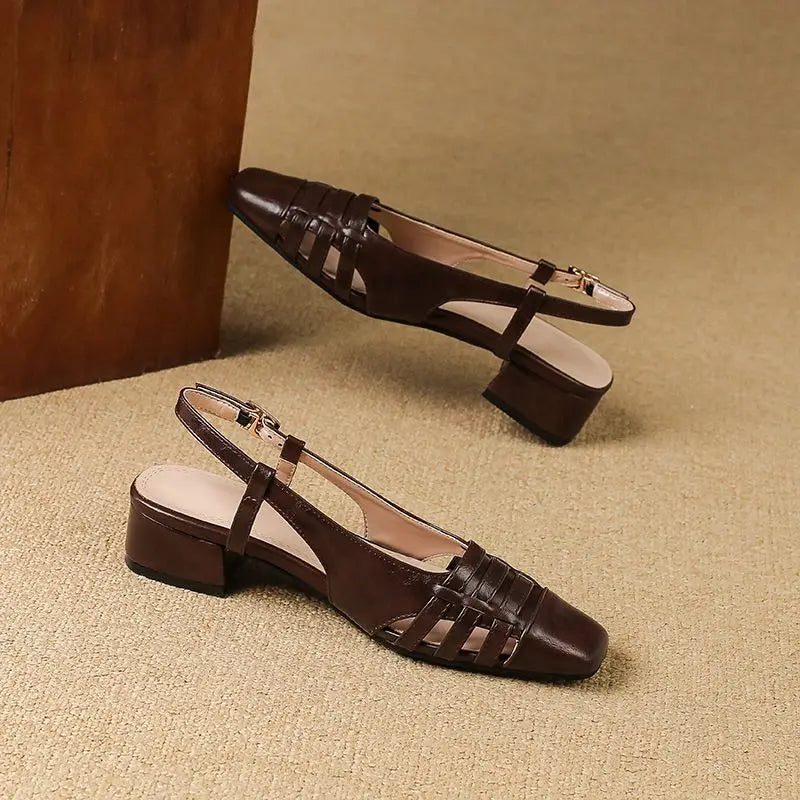 Design Vintage Square Toe Block Heels 3.5cm Back Buckle Strap Big Size 43 Dating Shoes 31 32