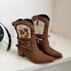 Vintage Ethnic Style Embroidery Woman Ankle Boots Shoes Elegant Thick Heel Western Cowboy Botas