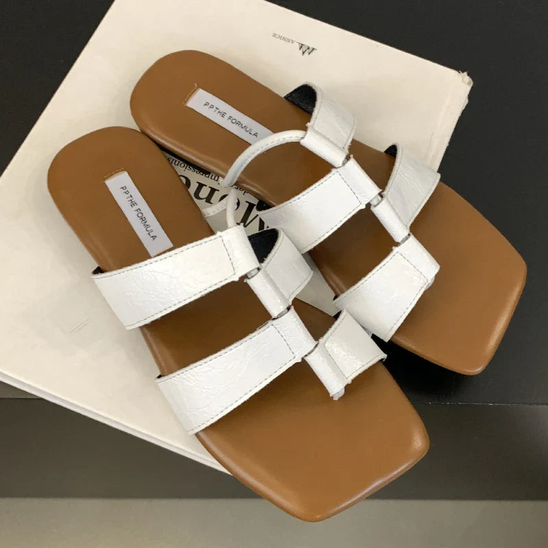 Set Toe Flat Sandals Square Head Hollow Slippers Party Soft Bottom Beach Shoes Flip Flops