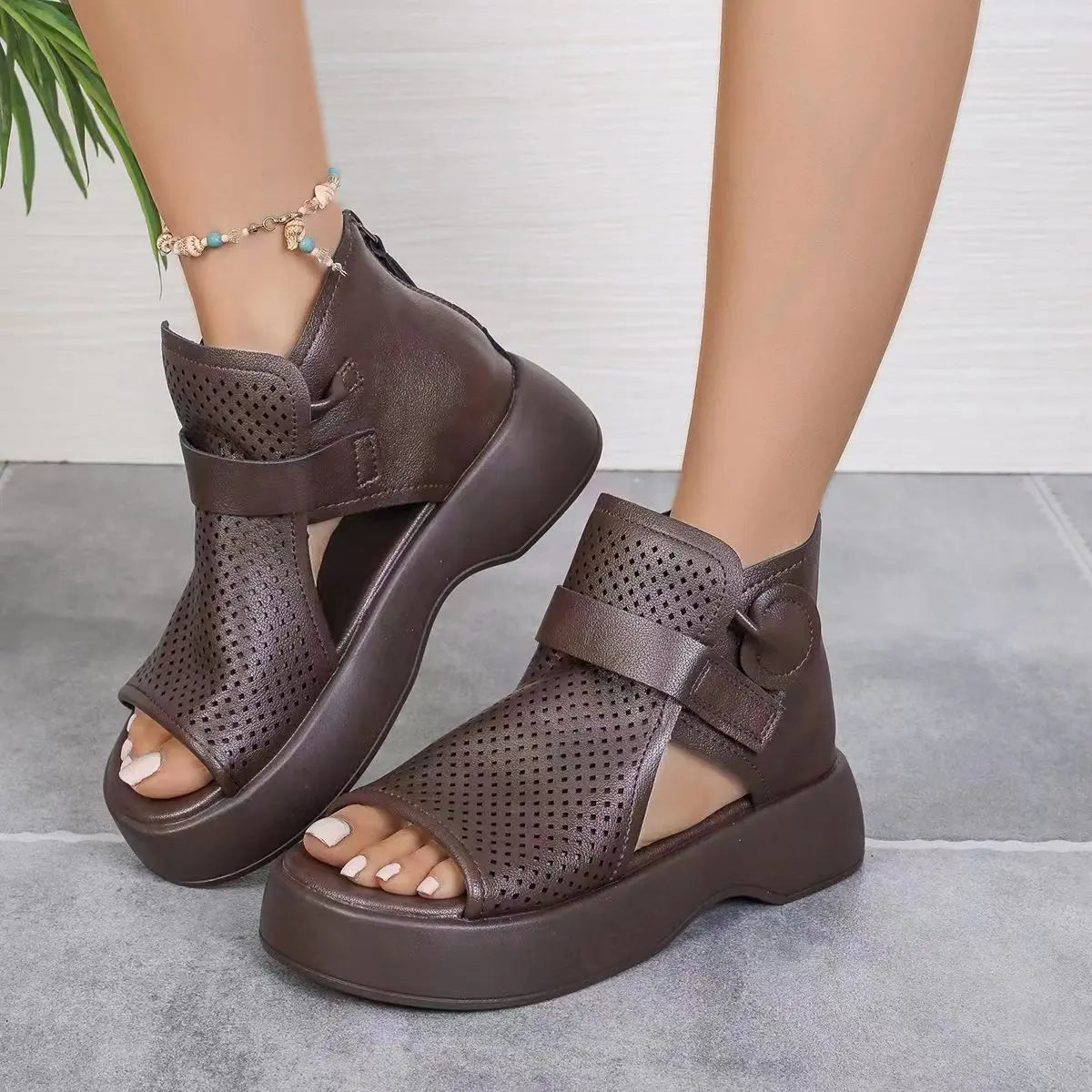 Hollow Breathable Hole Shoes Thick Sole Leather Fish Mouth Hook Loop Retro Comfortable Wedge Sandal Plus Size 43